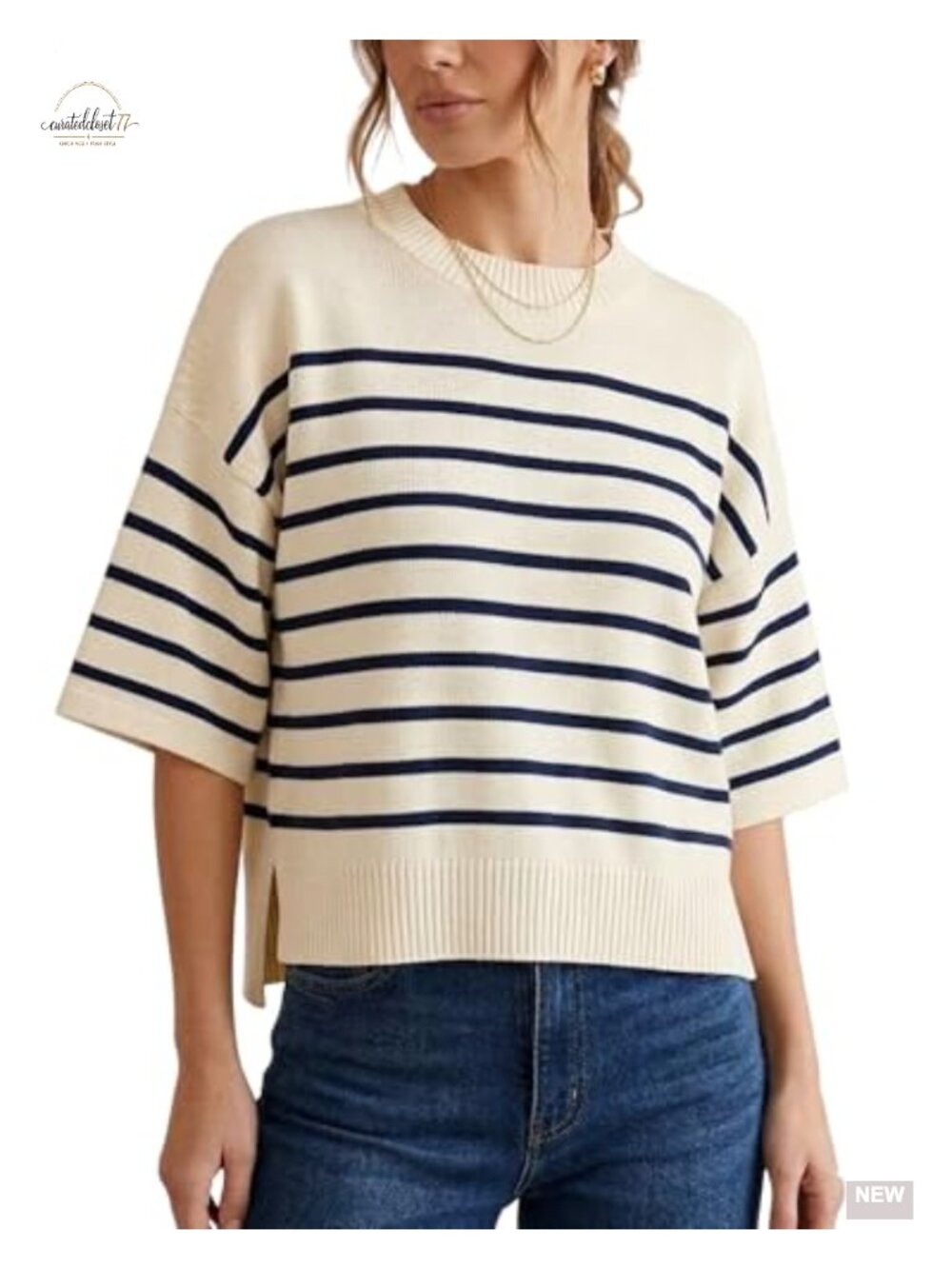 Women's Striped Short Sleeve Crewneck Sweater Side Slit Knit Pullover